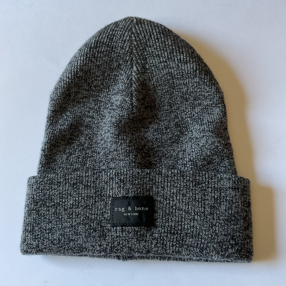 RAG & BONE ADDISON GRAY BLACK MARL WOOL RIB KNIT BEANIE OS NWOT